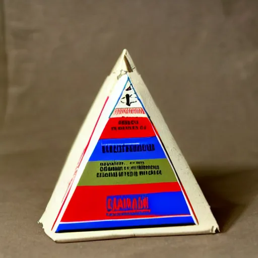 Prompt: oldschool 8 0 s pyramid!!! triangle!!! cardboard!!! soviet ussr milk pack, blue, red, white