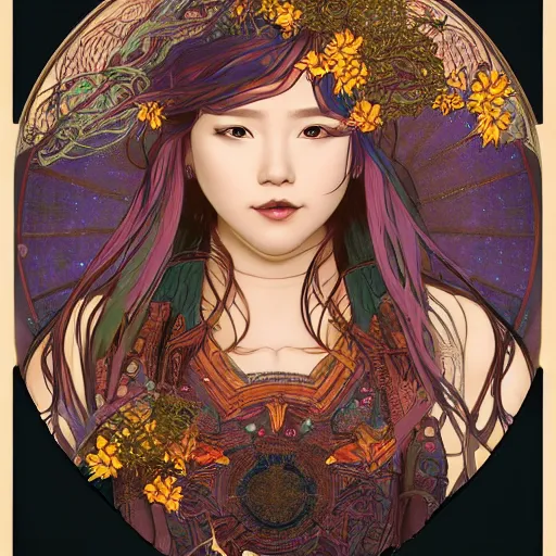 Prompt: asian, queen of monsters, symmetrical face, symmetrical body, artgerm, flowing hair, portrait, muted colors, artstation, character concept art, border and embellishments inspiried by alphonse mucha, fractals in the background, galaxy