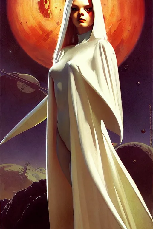 Image similar to pulp scifi fantasy illustration full body android girl, very long white hair, cape, futuristic design, crafting, diy, by norman rockwell, roberto ferri, daniel gerhartz, edd cartier, jack kirby, howard brown, ruan jia, tom lovell, jacob collins, dean cornwell, astounding stories, amazing, fantasy, other worlds