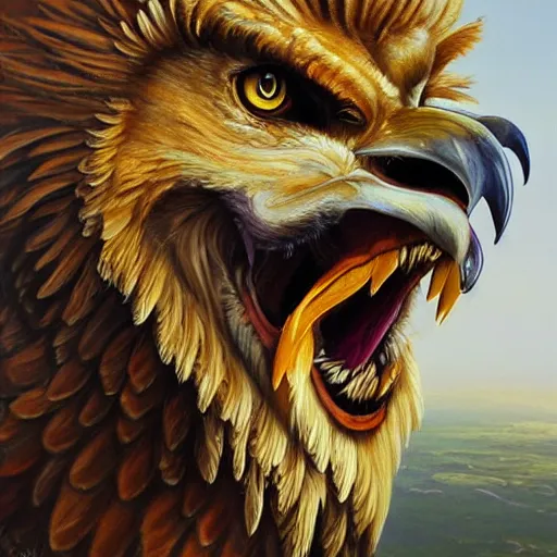 Prompt: a realistic oil painting portrait of a griffon, resembling a winged lion with an eagle head, highly detailed, trending on artstation, by james gurney and michael whelan
