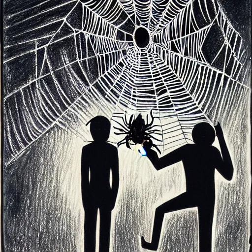 Image similar to a drawing of two people standing in front of a spider web, a surrealist painting by david wojnarowicz, behance contest winner, psychedelic art, chalk art, dystopian art, academic art