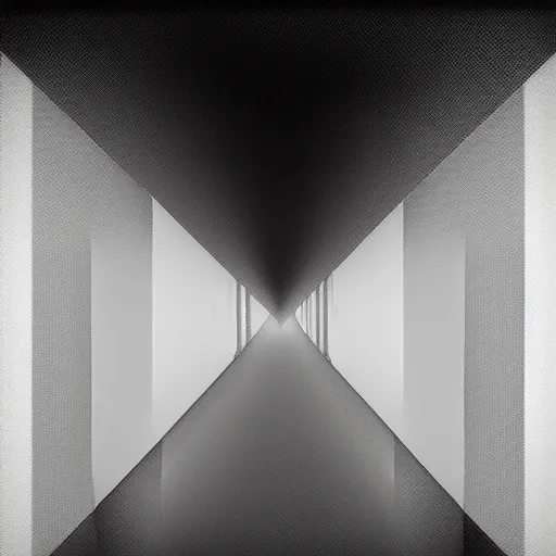 Prompt: a solemn simulacrum, infinite corridor, trending on artstation, abstract black and white painting, masterpiece