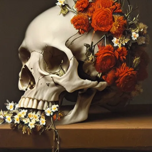 Prompt: a skull covered in flowers and rope by Roberto ferri, still life, oil painting