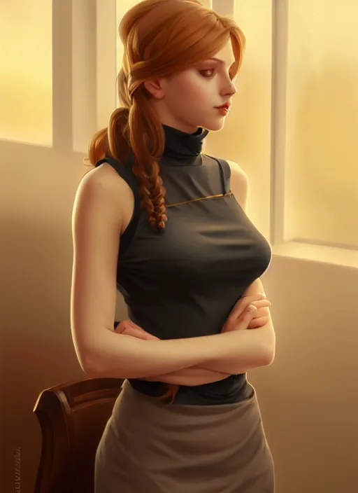 Prompt: portrait of a full body of beautiful young female secretary, d & d, sleeveless turtleneck, pencil skirt, fantasy, flat lighting, intricate, highly detailed, digital painting, artstation, concept art, smooth, sharp focus, illustration, art by simon bisley and greg rutkowski and alphonse mucha, natural tpose