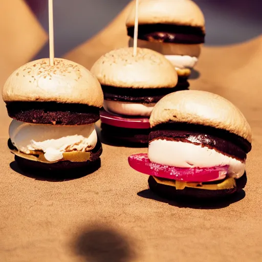 Prompt: ice cream hamburger sandwich, depth of field, food photography, editorial photography, photography, desert, photoshoot, global illumination, ice cream, 8 k, food network