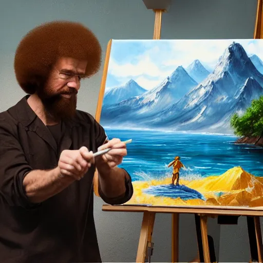 Image similar to a closeup photorealistic photograph of bob ross working on a canvas painting of aquaman. film still. brightly lit scene. mountains and trees. this 4 k hd image is trending on artstation, featured on behance, well - rendered, extra crisp, features intricate detail, epic composition and the style of unreal engine.