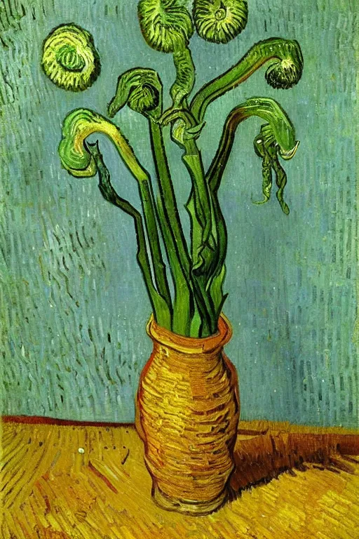 Image similar to Fiddleheads, painted by Vincent Van Gogh (1890), oil on canvas, detailed brushstrokes