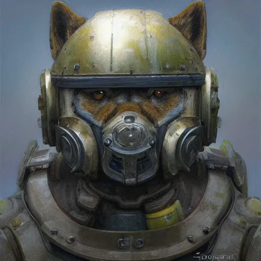 Image similar to t - 5 1 power armor, realistic anthropomorphic shiba inu, fantasy, t - 5 1 power armor glowing electric aura, by donato giancola and greg rutkowski and wayne barlow and zdzisław beksinski, realistic face, visible face, digital art, artstation, symmetry