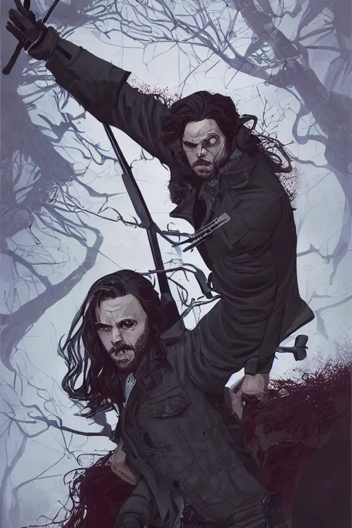 Image similar to sebastian stan in sleepy hollow, full body, big two toned eyes, teeth gritted, horror, intricate details, cinematic, epic, realistic, anatomy, tomer hanuka, uplight, artstation, photorealistic, scary