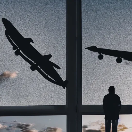 Prompt: man looking at giant airplane flying above towards huge glass windows