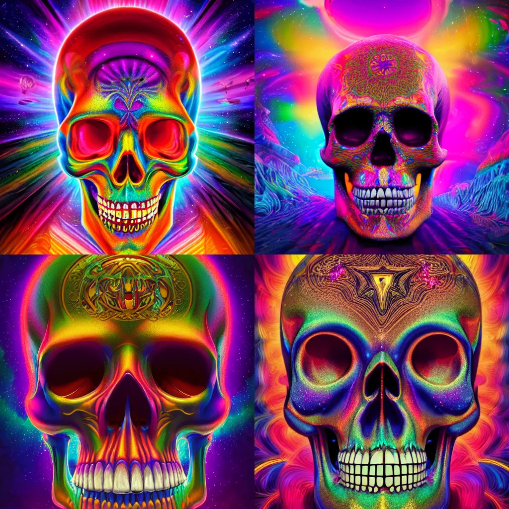 Prompt: beautiful matte painting of psychedelic glittering skull by dan mumford and lisa frank and alex gray, octane render, HDR, vivid color, volumetric lighting, unreal engine, CGsociety