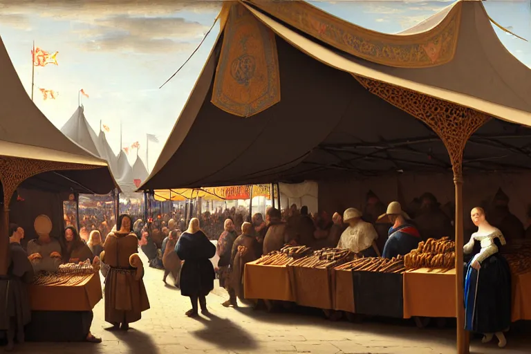 Image similar to The detailed tent of a medieval market, between the products being sold are mobile phones, ear phones, laptops, and other devices!! Some people walking around, close-up, big depth of field, matte painting, trending on artstation, hyper detailed, sharp, baroque painting, painted by Velazquez