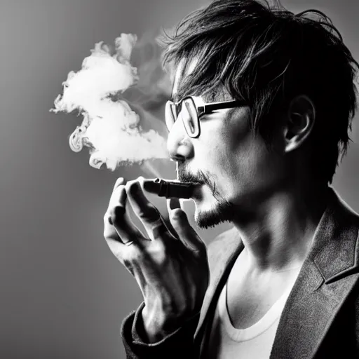 photorealistc photograph of hideo kojima smoking a | Stable Diffusion