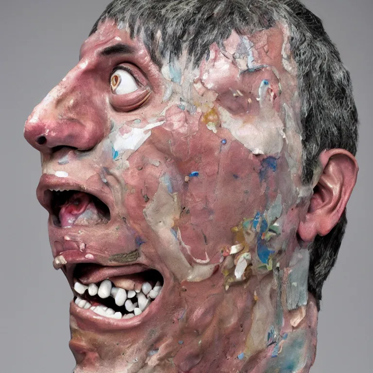 Prompt: beautiful studio photograph of colorful postmodern portrait sculpture of adam sandler toothy smile, beautiful symmetrical face accurate face detailed face realistic proportions, made of watercolor - painted plaster on a pedestal by ron mueck and matthew barney and greg rutkowski, hysterical realism intense cinematic lighting shocking detail 8 k