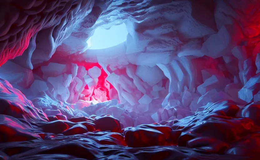 Prompt: liquid nitrogen and red water-cooling coolant flowing through latent representations of ice caverns by centrifugal forces, gaming pc circuitry sticking out the walls!!!!, high detail, high contrast!, low-poly elements!!!, trending on artstation, octane render, subsurface scattering, 4k