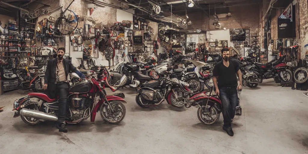 Prompt: a turkish man in a motorcycle shop in a warehouse in brooklyn new york in the style of thomas cole, cinematic lighting, raytracing, 8 k, octane render, volumetric, vivid, beautiful, hyperrealism