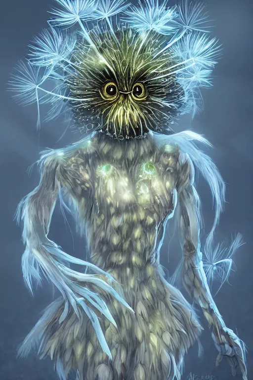 Image similar to a glowing humanoid figure dandelion monster with large glowing eyes, highly detailed, digital art, sharp focus, trending on art station, artichoke, anime art style