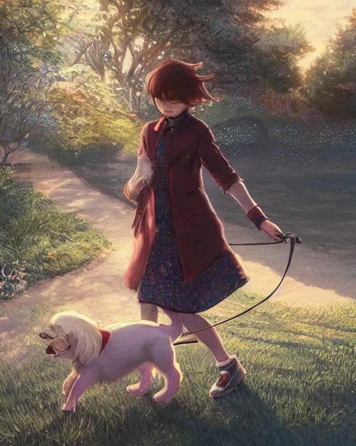 Prompt: a girl walking her small dog at the park, full shot, ambient lighting, detailed face, art by ayami kojima, makoto shinkai, kilian eng