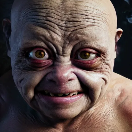 Image similar to hyperrealistic mixed media high resolution painting of Danny DeVito Gollum perched in a dark cave, stunning 3d render inspired art by Jamie Salmon and István Sándorfi and Unreal Engine and Greg Rutkowski, perfect facial symmetry, dim volumetric lighting, 8k octane beautifully detailed render, full body shot, post-processing, extremely hyper-detailed, intricate, epic composition, highly detailed attributes, highly detailed atmosphere, cinematic lighting, masterpiece, trending on artstation, very very detailed, masterpiece, stunning, flawless completion, lifelike texture, perfection,