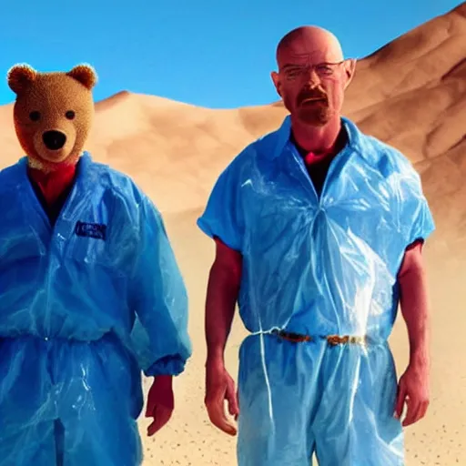 Image similar to Ted bear and walter white holding ziploc bags of crystal blue meth, in the desert, film still, 4k, photorealistic, hd