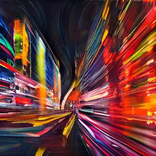 Prompt: abstract oil painting of a long exposure of a busy neon street