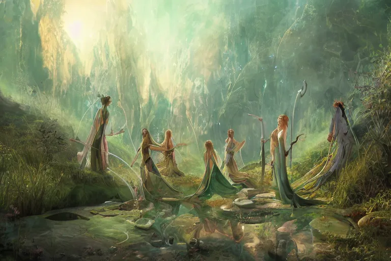 Image similar to the muses. a sacred stone circle, rivendell, the garden of eden, sacred singers they who took up the strings of the deep, and turned the cacophony of an angry world into songs of unity and peace. morning lighting hopeful, cinematic fantasy painting, dungeons and dragons, jessica rossier and brian froud