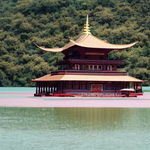 Image similar to floating temple in the middle of a large lake dedicated to the worship of sphynx cat