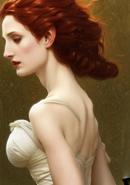 Image similar to sansa angeline jolie gessica chastain vampire, intricate, elegant, highly detailed, digital painting, artstation, concept art, smooth, sharp focus, illustration, art by artgerm and greg rutkowski and alphonse mucha and william - adolphe bouguereau