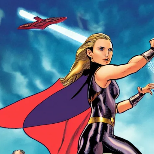 Prompt: Natalie Portman is female Thor, flying through the sky, graphic novel