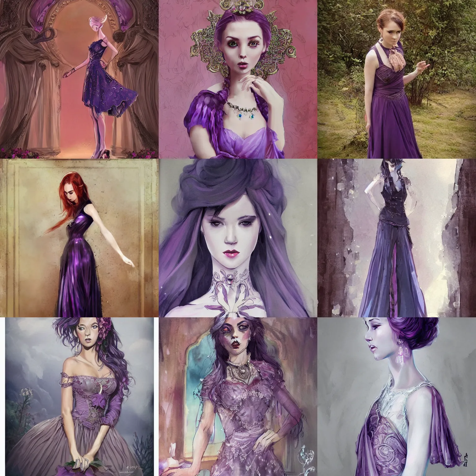 Prompt: pretty young woman wearing an ornate purple dress inspired by charlie bowater
