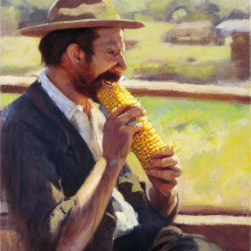 Prompt: a highly detailed beautiful portrait of man enjoying corn on the cob, by gregory manchess, james gurney, james jean