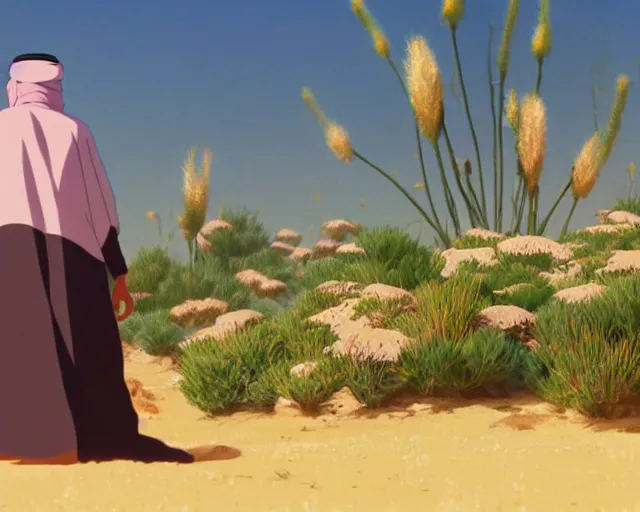Image similar to an arab man in the desert with wildflowers, makoto shinkai, loish, studio ghibli, tooth wu