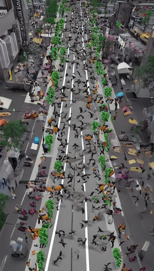 Prompt: hundreds people running away from the catzilla. trending on artstation. realistic cinematography, photorealistic, photography, wide shot from the drone, aerial photo