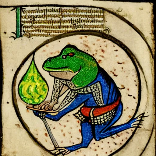 Image similar to medieval illustration of a frog practicing alchemy, illuminated manuscript