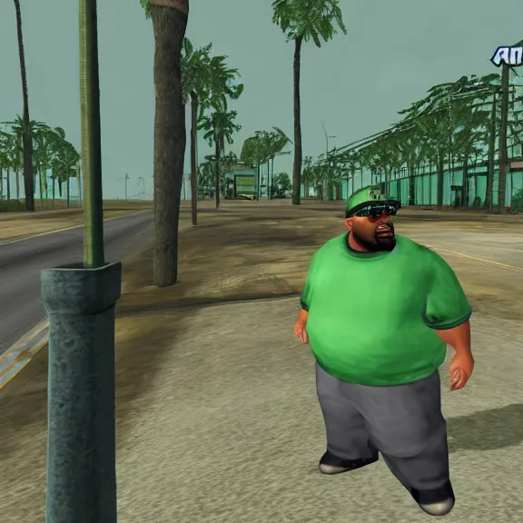 Prompt: screenshot of big smoke in green clothing from gta san andreas for the ps 2