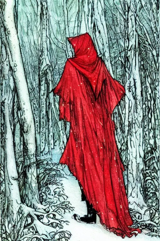 Image similar to detailed red riding hood lost in a winter forest, fantasy art, trending on artstation, fairytales, art by luis royo and walter crane and kay nielsen, watercolor illustration,