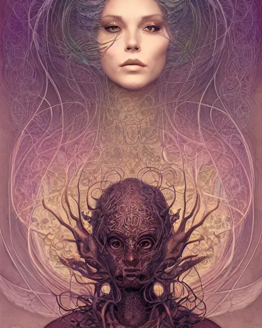 Image similar to centered beautiful detailed front view portrait of a woman with ornate growing around, ornamentation, flowers, elegant, beautifully soft lit, full frame, by wayne barlowe, peter mohrbacher, kelly mckernan,