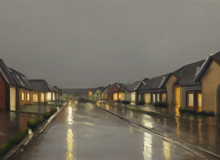 Image similar to oil landscape painting of a British housing estate, ambient light, grey skies and rain, high detail