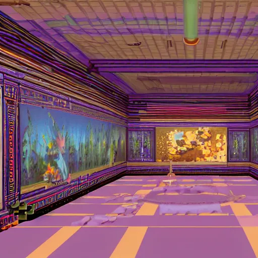 Prompt: the last virtual art museum in a 9 0's video game, made in 1 9 9 0, hyper detailed hd screenshot, in the style of a liminal space