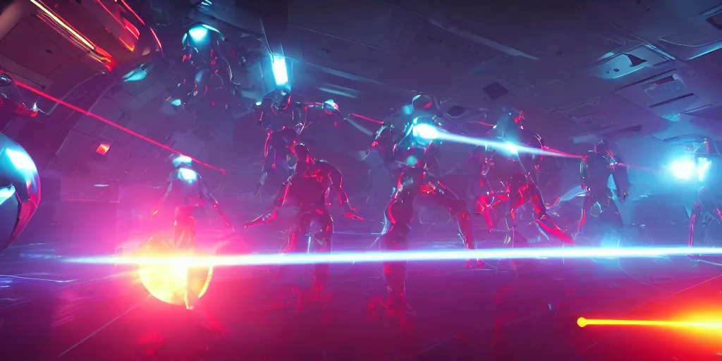 Image similar to futuristic spacemen firing lasers in zero gravity, skintight suits, floating, floating polygon shapes as obstacles, surrounded by a laser grid, unreal engine, lensflare, glow, bloom, neon