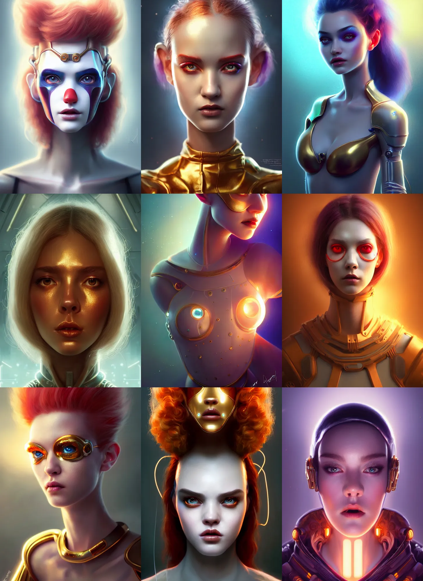 Prompt: pixar portrait 8 k photo, beautiful shiny white porcelain rich galactic hottie clowncore russian cyborg college girl, golden ratio details, sci - fi, fantasy, cyberpunk, intricate, decadent, highly detailed, digital painting, octane render, artstation, concept art, smooth, sharp focus, illustration, art by artgerm, loish, wlop