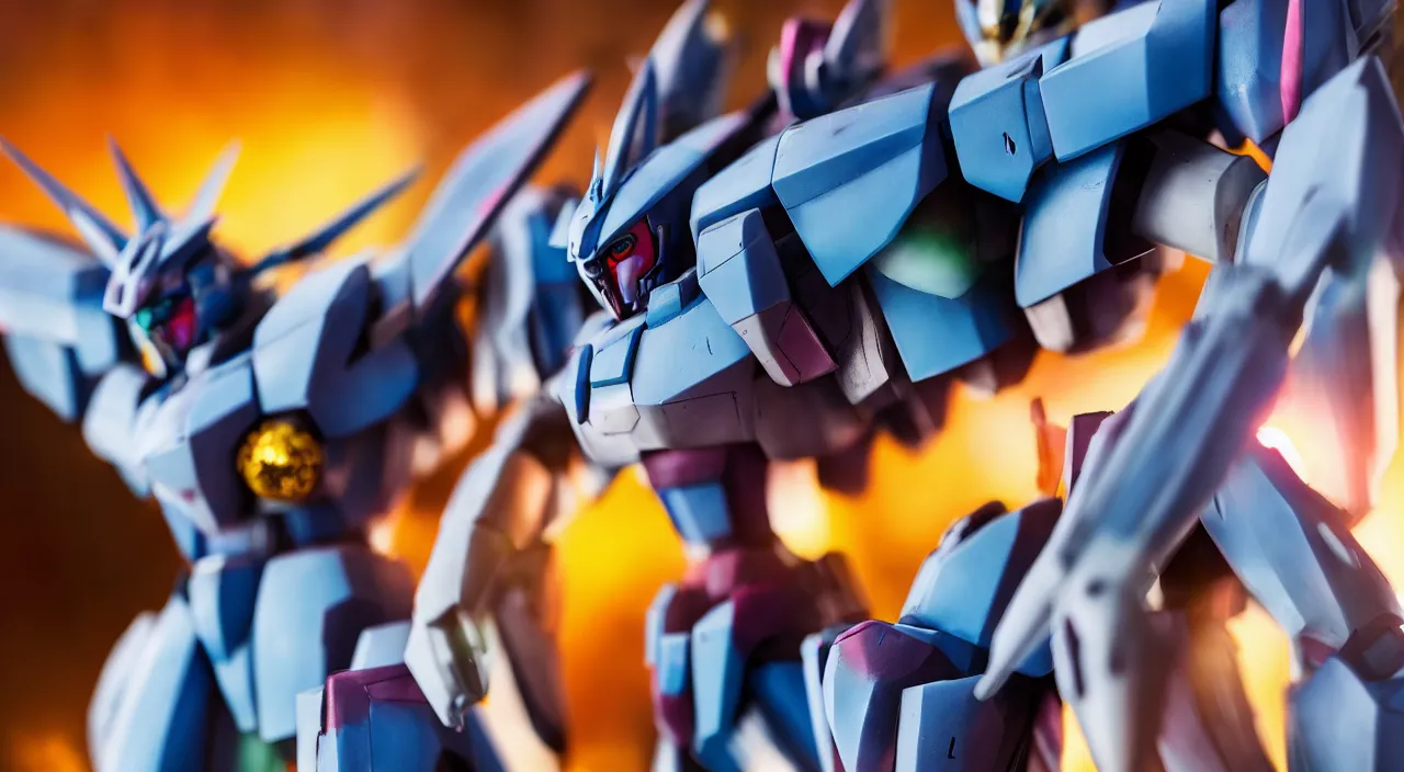 Image similar to medium close up view, Gundam,Guyver,colourful,bokeh,blur,cinematic lighting