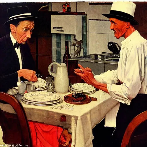 Prompt: a thin man wearing a hat entertains jesus christ with a magic trick in the kitchen, painted by norman rockwell and tom lovell and frank schoonover