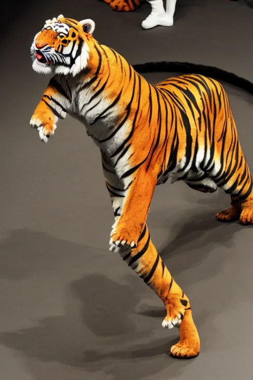 Image similar to Anthropomorphic Tiger on the catwalk, Fullbody