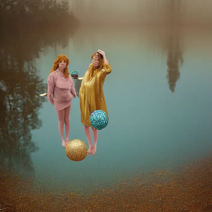 Image similar to a color photograph, closeup portrait of three women wrapped in gold, standing next to a levitating turquoise orb, in a foggy lake, color photograph, by vincent desiderio, canon eos c 3 0 0, ƒ 1. 8, 3 5 mm, 8 k, medium - format print