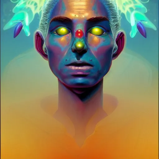 Image similar to colourful breathtakingly weird beautiful powerful magical wonderfully majestic beautifully cool character closeup by michael whelan and moebius and beeple and dan mcpharlin and pascal blanche and jamie hewlett and richard dadd, symmetrical, extreme close up with a serene expression, magical stormy reflections, smoke on water, 8 k artstation