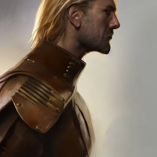 Image similar to rear side portrait of a muscular, ponytail haired blonde man with only left arm armored, wearing a thick brown leather coat, looking to his left, DnD, fantasy, dramatic lighting, digital art by Ruan Jia