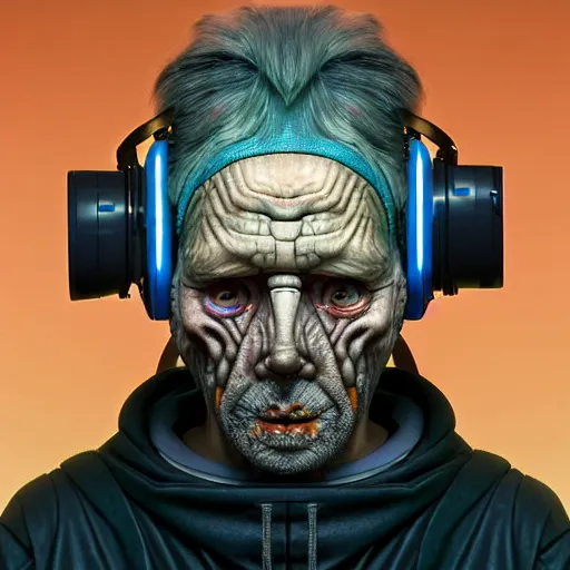 Image similar to Colour Photography of 1000 years old man with highly detailed 1000 years old face wearing higly detailed cyberpunk VR Headset designed by Josan Gonzalez Many details. . In style of Josan Gonzalez and Mike Winkelmann andgreg rutkowski and alphonse muchaand Caspar David Friedrich and Stephen Hickman and James Gurney and Hiromasa Ogura. Rendered in Blender with Minecraft style