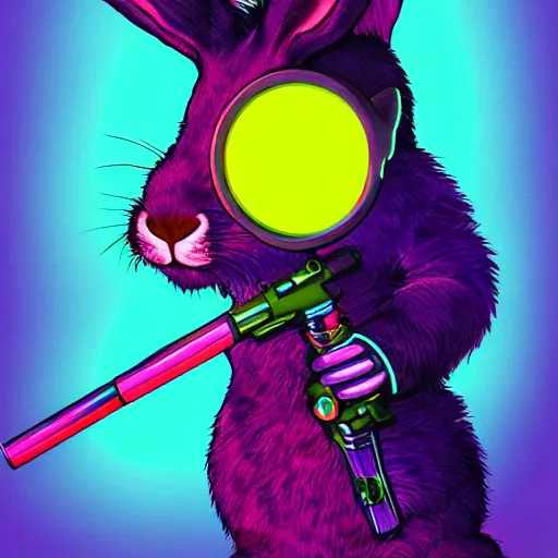 Image similar to portrait of rabbit with UV neon fur holding a machine gun , 8k, highly detailed, sharp, realistic, in style of Lisa Frank, Artstation, deviantart