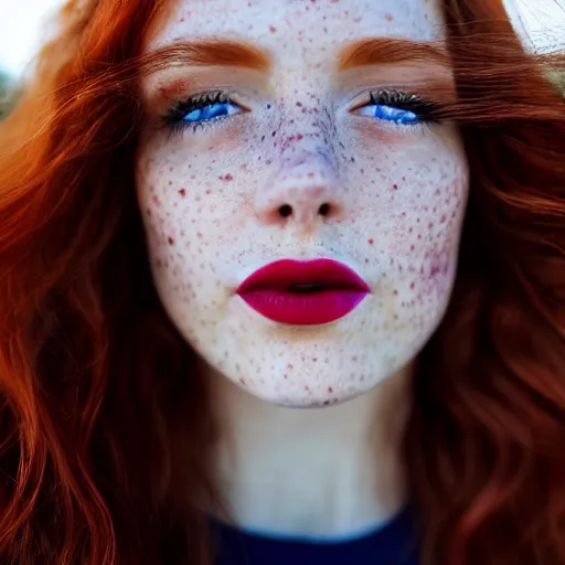 Prompt: close up portrait photograph of the left side of the face of a redhead woman with stars in her irises, red lipstick and freckles. Wavy long hair. she looks directly at the camera. Slightly open mouth, face covers half of the frame, with a park visible in the background. 135mm nikon. Intricate. Very detailed 8k. Sharp. Cinematic post-processing. Award winning portrait photography